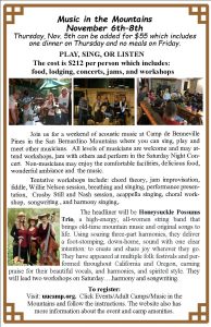 Flyer for 2026 "Music in the Mountains" event, from November 6th-8th 2026 at Camp de Benneville Pines.