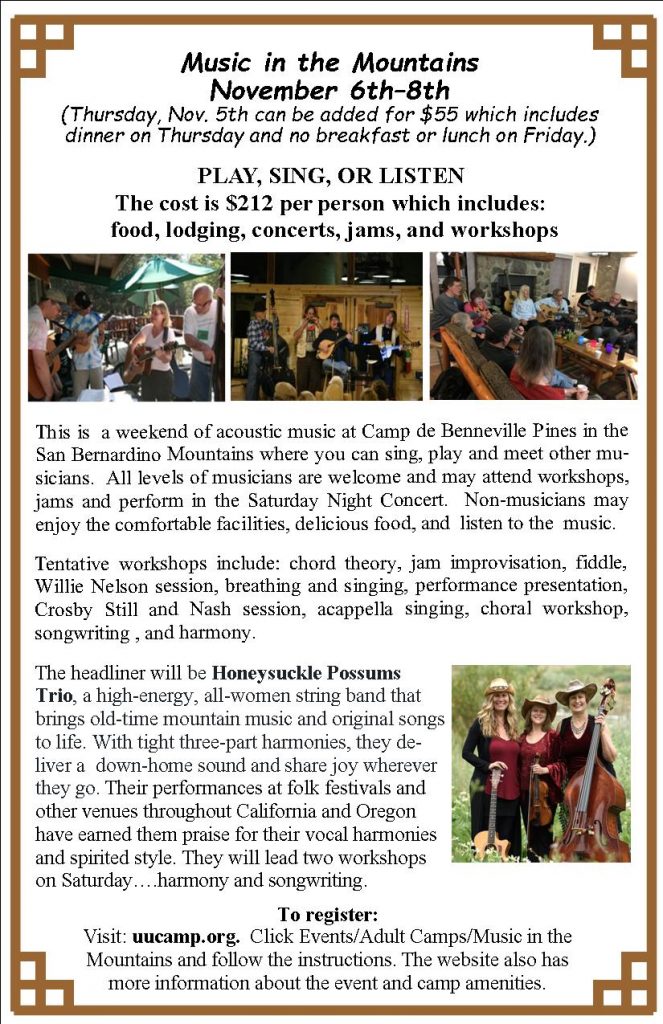 Flyer for 2026 "Music in the Mountains" event, from November 6th-8th 2026 at Camp de Benneville Pines.