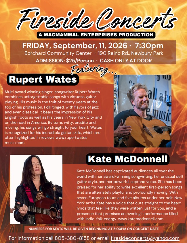 Flyer for Fireside Concert event on September 11, 2026. The concert features Rupert Wates and Kate McDonnell